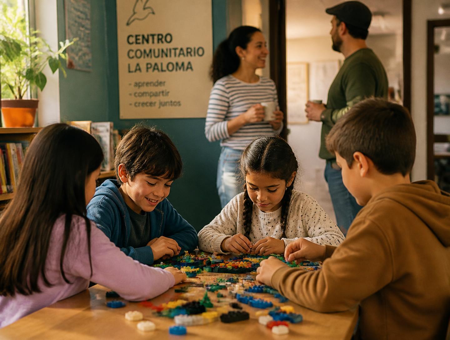 Niños construyendo juntos mientras sus familias conversan cerca
